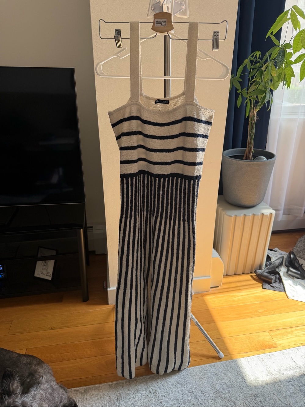 Zara Cream and Black Striped Knit Jumpsuit